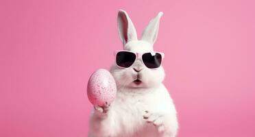 ai genererad påsk kanin manlig i solglasögon innehav påsk ägg med handske foto