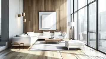 ai genererad modern interiör design bakgrund med minimalistisk dekor, elegant möbel foto