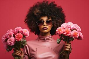 ai genererad en flicka med afro hår är innehav blommor medan tittar på en rosa bakgrund foto