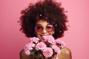 ai genererad en flicka med afro hår är innehav blommor medan tittar på en rosa bakgrund foto