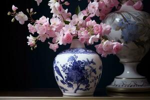 ai genererad en rosa och vit vas är fylld med blommor foto