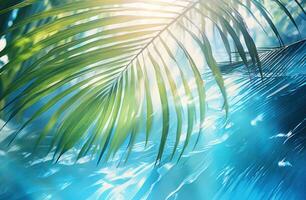 ai genererad handflatan blad på blå tropisk bakgrund foto
