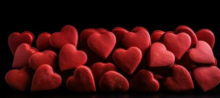ai genererad många röd hjärta formad småkakor på en svart bakgrund foto