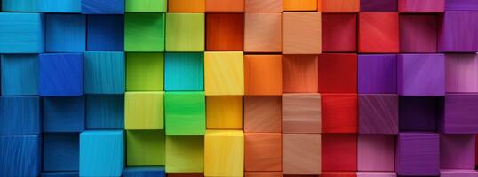 ai genererad regnbåge trä- kvadrater tillverkad av annorlunda färgad block foto