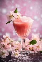 ai genererad rosa äpple cocktail med blommor och grön löv foto