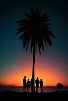 ai genererad solnedgång grupp av människor förbi en handflatan träd foto
