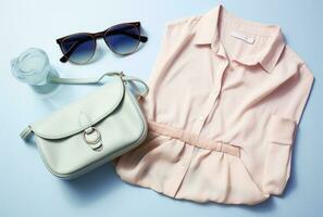 ai genererad en vit yta visar solglasögon, handväska, en blus och jeans foto