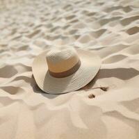 ai genererad en Sol hatt och solglasögon Sammanträde på sand, foto