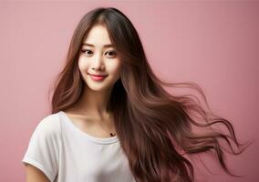 ai genererad asiatisk flicka med lång hår Framställ foto
