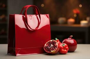 ai genererad gåva idéer för vänner och familj med en röd handla väska och granatäpple foto