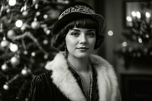 ai genererad retro fest 1920 mode mitt i en jul träd generativ förbi ai foto