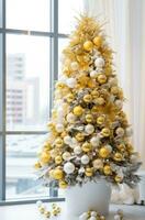 ai genererad guld disko bollar på en vit jul träd foto
