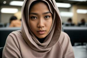 ai genererad professionell ung kvinna i hijab Framställ självsäkert på de kontor generativ förbi ai foto