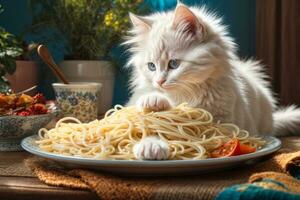 ai genererad en söt vit kattunge sitter på en tabell med en tallrik av spaghetti, i en mysigt generativ förbi ai foto