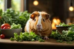 ai genererad guinea gris mitt i färsk grönsaker på en trä- tabell med mjuk belysning generativ förbi ai foto