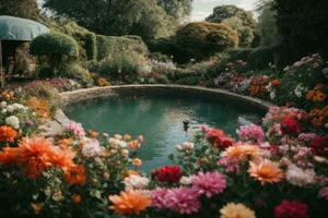 ai genererad lugn trädgård scen med en mängd av färgrik blommor i blomma generativ förbi ai foto
