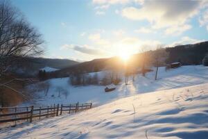 ai genererad en snö täckt kulle med de Sol på de himmel foto