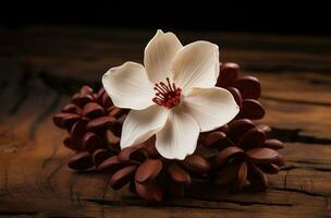 ai genererad ett oparfymerad, vit vanilj blomma på en trä- yta foto