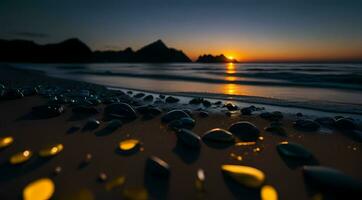 ai genererad slät stenar i en linje på en strand på solnedgång med reflektioner vibrerande himmel färger generativ förbi ai foto