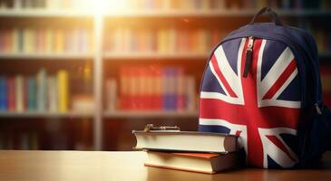 ai genererad brittiskt flagga ryggsäck och böcker på skrivbord foto