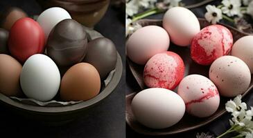 ai genererad påsk ägg, jordgubb och te foto