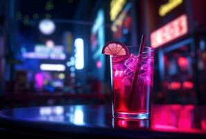ai genererad cocktail på de bar med färgrik lampor och neon tecken foto