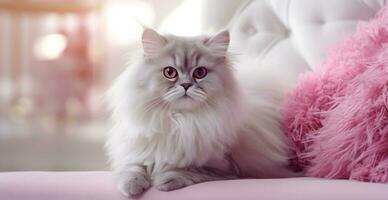 ai genererad fluffig katt med rosa Färg kuddar Sammanträde på en soffa foto