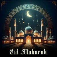 ai genererad eid mubarak hälsningar med moské bakgrund, eid ul Adha mubarak, eid al Adha mubarak firande foto