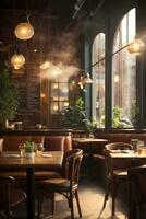 ai genererad mysigt restaurang interiör med värma belysning, trä- möbel förbi stor fönster generativ förbi ai foto