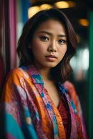 ai genererad ung kvinna i färgrik klädsel på en traditionell asiatisk marknadsföra med festlig dekorationer generativ förbi ai foto