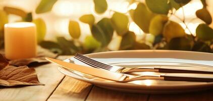 ai genererad kniv och gaffel med leafs och löv på en trä- bordsskiva foto