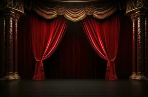 ai genererad röd teater skede med ljus och gardiner foto