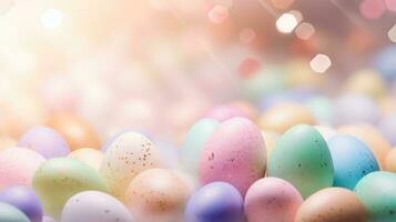 ai genererad en färgrik vår bakgrund med pastellfärgade påsk ägg spridd genom hela de bild foto