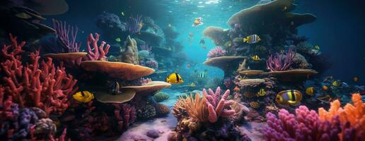 ai genererad tropisk hav under vattnet fiskar på korall rev. akvarium oceanarium vilda djur och växter färgrik marin panorama landskap natur snorkel dykning. ai generativ. foto
