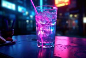 ai genererad neon dryck på bar, punk- sten estetisk, anime esteti foto