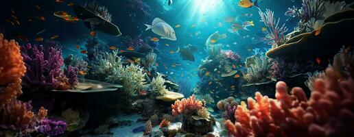 ai genererad tropisk hav under vattnet fiskar på korall rev. akvarium oceanarium vilda djur och växter färgrik marin panorama landskap natur snorkel dykning. ai generativ. foto