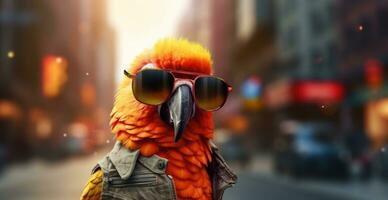 ai genererad en färgrik papegoja med solglasögon på de gata foto