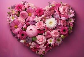 ai genererad en hjärta fylld med rosa blommor är omgiven förbi många rosa blommor foto