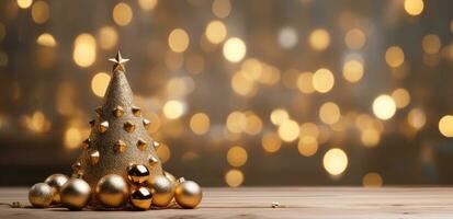 ai genererad en jul träd och guld bollar på en trä- tabell foto