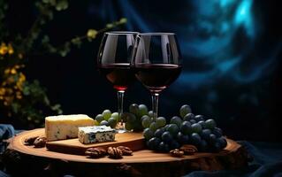 ai genererad en glas av röd vin på en trä- tallrik med ost och vindruvor foto