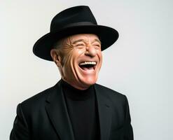 ai genererad en man bär en svart hatt skrattande i främre av en vit bakgrund foto