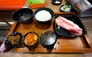 topp se av koreanska grillad bbq combo uppsättningar på de grill tabell, kimchi, soppa , mage, Krispig kyckling, ris doppning sås och ättikslag maträtter foto