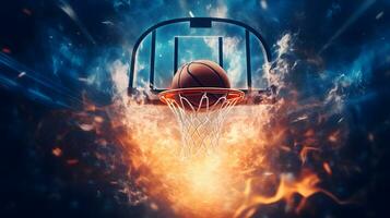 ai genererad basketboll boll faller in i de basketboll ring foto