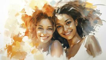 ai genererad vattenfärg målning grupp av olika ung kvinna leende tillsammans foto