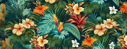 ai genererad tropisk exotisk mönster med djur- och blommor i ljus färger och frodig vegetation. ai generativ. foto