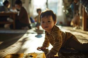 ai genererad söt asiatisk bebis spelar på de golv i de levande rum foto