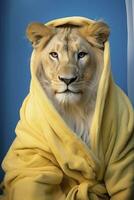 ai genererad porträtt av en lejon klädd i en morgonrock på pastell bakgrund foto