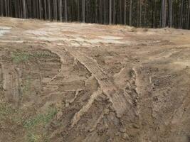 Land smuts väg genom de skog med stor grumlig vattenpölar efter regn foto