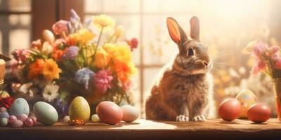 ai genererad rustik påsk scen med kanin och färgrik ägg förbi fönster ljus foto