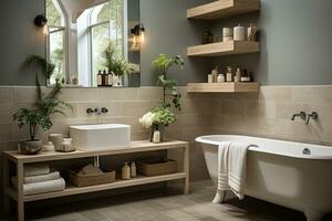 ai genererad badrum i de scandinavian stil, rena rader och en minimalistisk estetisk foto